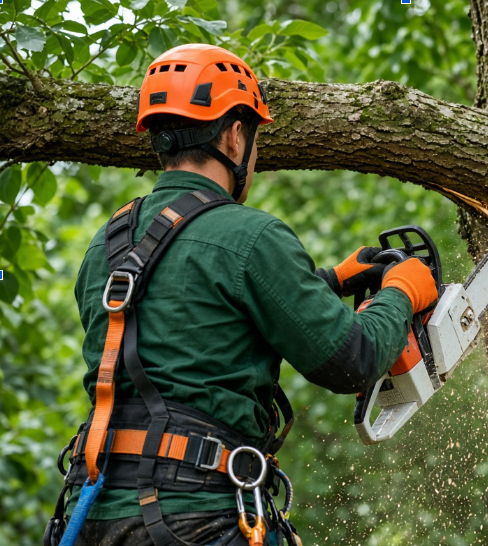 Arborysta wycinający konar drzewa przy użyciu pilarki
